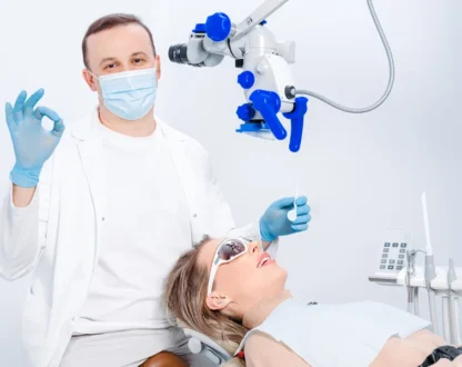 Beautiful girl in dentist chair getting a check for periodontal disease in Markham, ON.